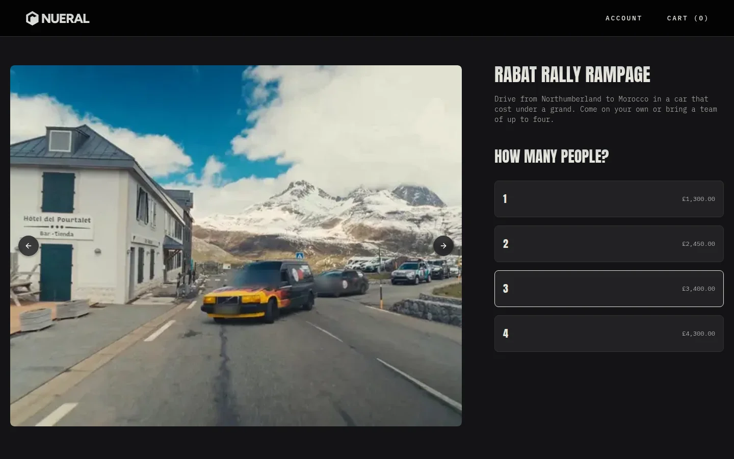The same first screen in the storefront I built, on demo data: a rally video on the left, and the How many people? choice on the right, one to four with three picked, each with one team price, such as £3,400.00 for three, and no monthly price.