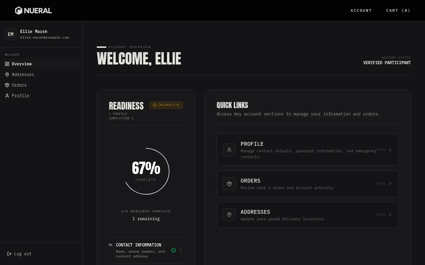 The customer portal for a demo driver, Ellie: a readiness meter at 67% with one step left, her contact details and passport done, and links to her profile, her one order and her addresses.