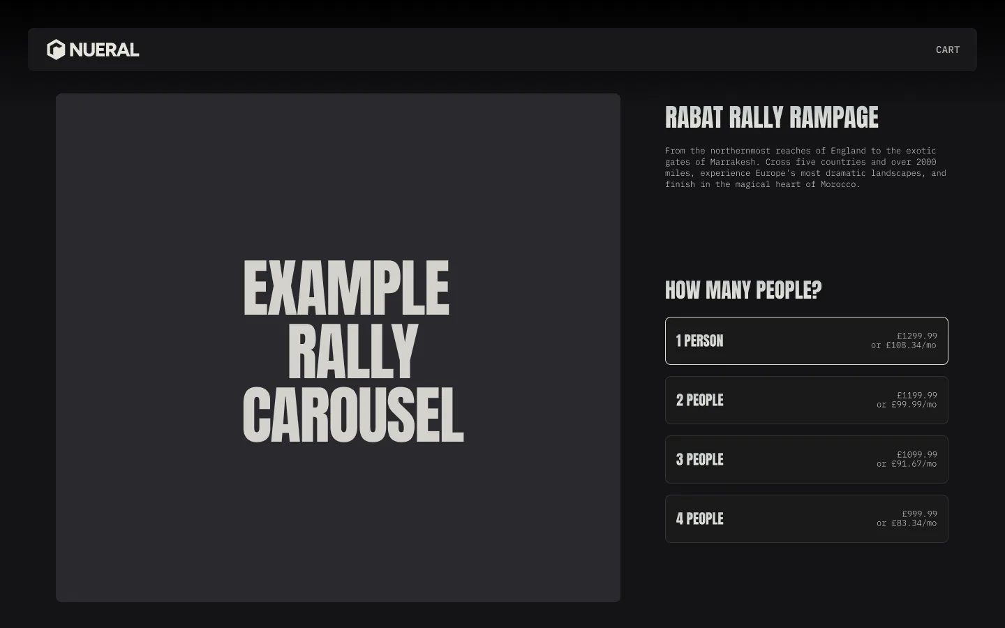 My Figma design for the product page's first screen: a placeholder photo carousel on the left, and on the right the rally's name and the How many people? choice: one to four people, each with a full price and a monthly price, such as £1299.99 or £108.34 a month for one.