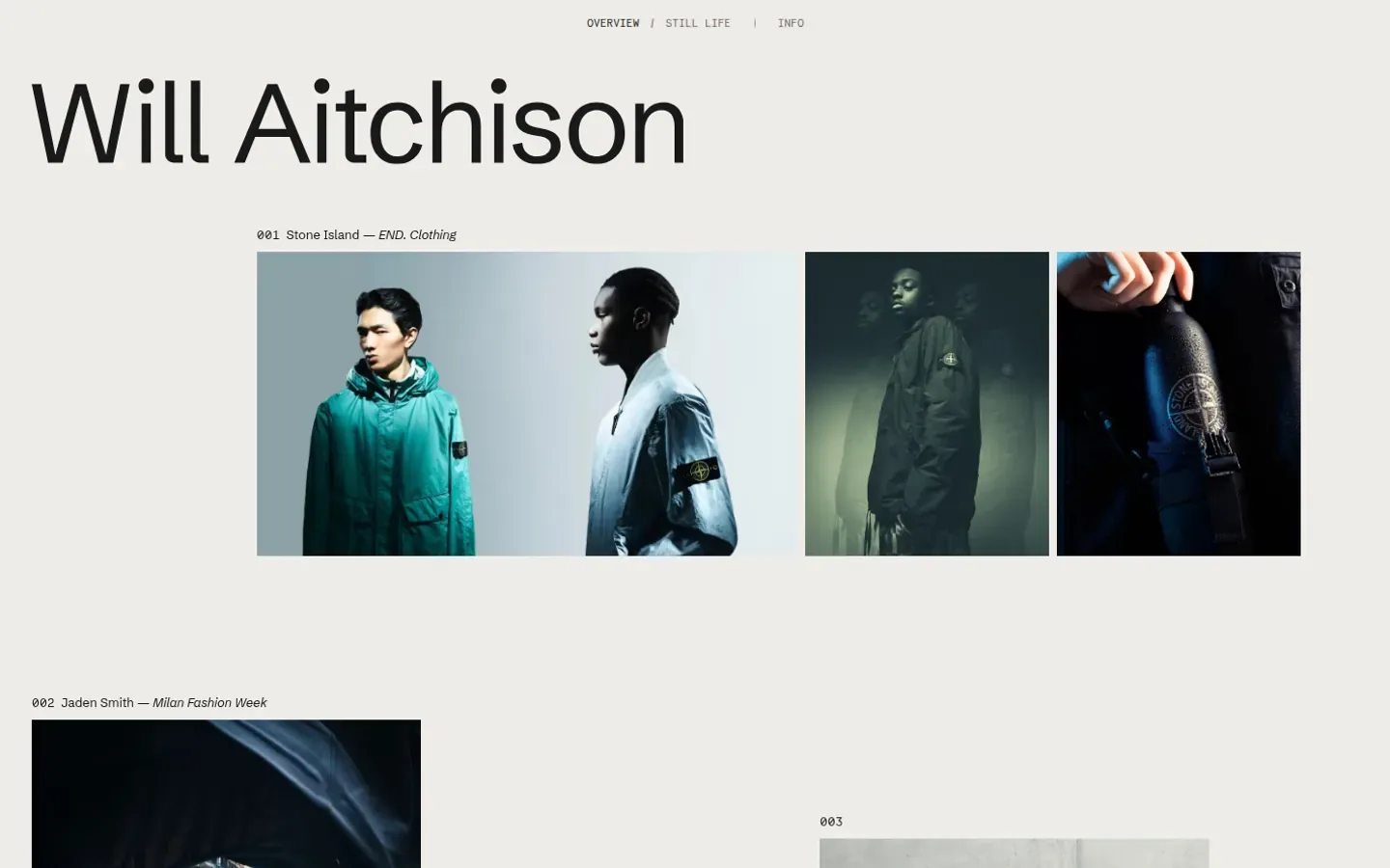 The new home page: Will Aitchison set large on a pale grey ground under a small Overview, Still life and Info bar, then shoot 001, Stone Island for END. Clothing, as three photographs at their own shapes in one row.
