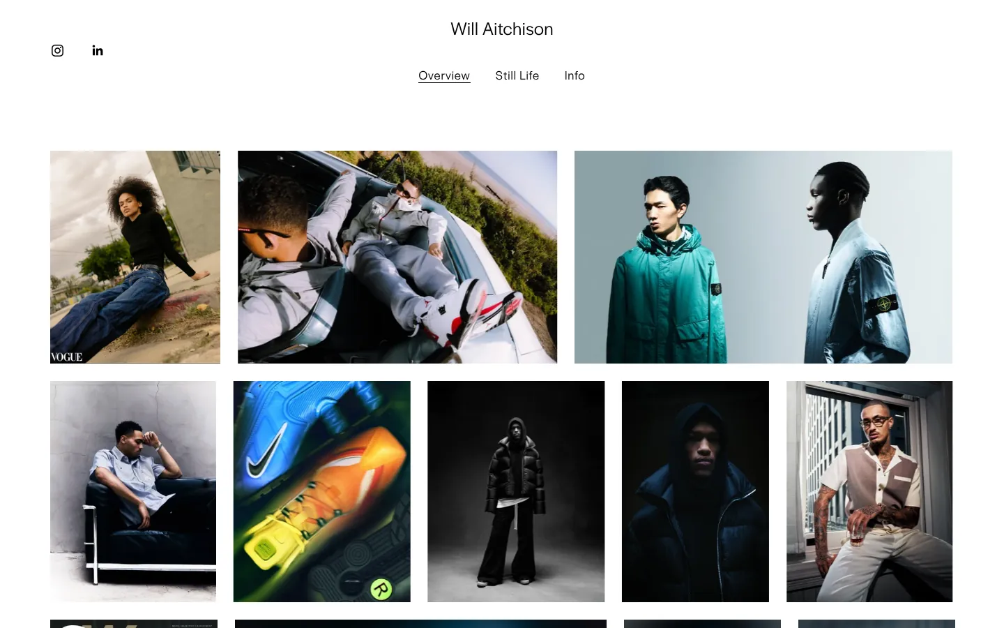 Will's old Squarespace home page: his name centred above Overview, Still Life and Info links, Instagram and LinkedIn icons at the top left, then two rows of his photographs at the same height.