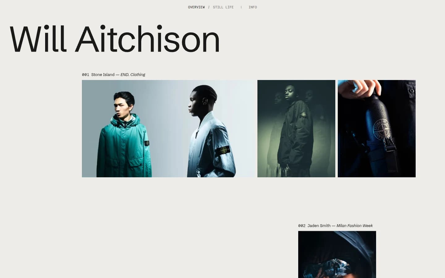 The same screen as Will wanted it: Will Aitchison set large at the top left, Info beside the Overview and Still life switch, and the shoots below.