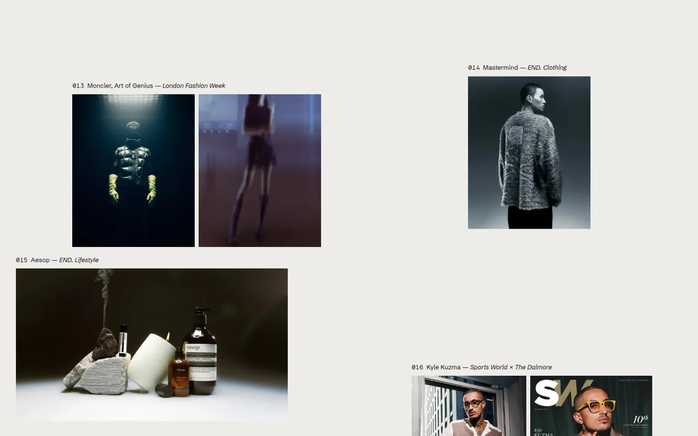 Four shoots on the pale grey sheet, each picture at its own shape: two upright Moncler pictures side by side, an upright Mastermind picture to the right, a wide Aesop still life below, and the top of a pair for Kyle Kuzma.